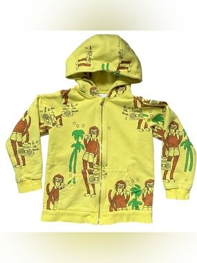 Mini Rodini Hoodie Full Zip Monkeys Music Kids 116cm-122cm Yellow Organic Cotton